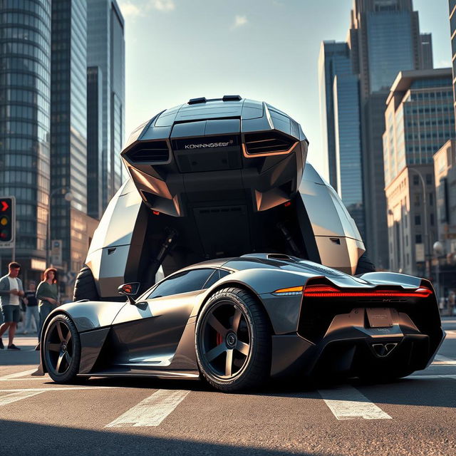 A massive, futuristic vehicle crushing a sleek Koenigsegg Jesko on a city street