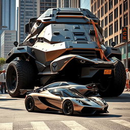 A massive, futuristic vehicle crushing a sleek Koenigsegg Jesko on a city street