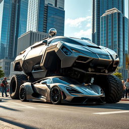 A massive, futuristic vehicle crushing a sleek Koenigsegg Jesko on a city street