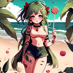 Beautiful, fuller-figured anime grunge girl with face tattoos and lollipop, adorned in leaves, standing on a beach.