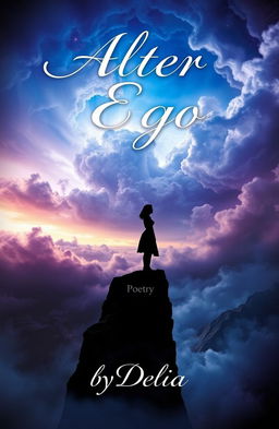 A captivating and artistic cover design for a poetry book titled 'Alter Ego' by Delia