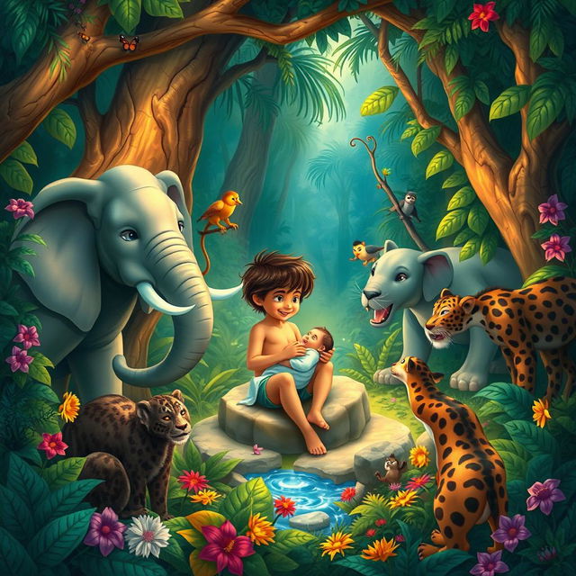 An imaginative interpretation of Mowgli's story featuring the birth of a baby boy in a lush jungle setting