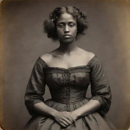 Enhance the previous Victorian-era photograph by Julia Margaret Cameron. Display a candid, ultra high-resolution image (36k) showing vividly detailed features of the black woman, her dress, and the blurred background.