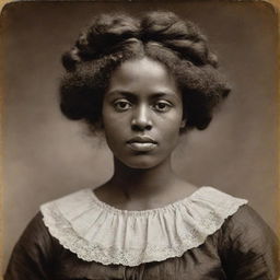 Enhance the previous Victorian-era photograph by Julia Margaret Cameron. Display a candid, ultra high-resolution image (36k) showing vividly detailed features of the black woman, her dress, and the blurred background.