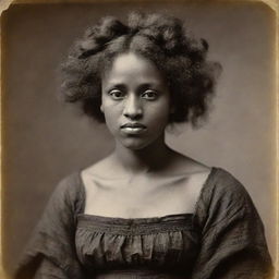 Enhance the previous Victorian-era photograph by Julia Margaret Cameron. Display a candid, ultra high-resolution image (36k) showing vividly detailed features of the black woman, her dress, and the blurred background.