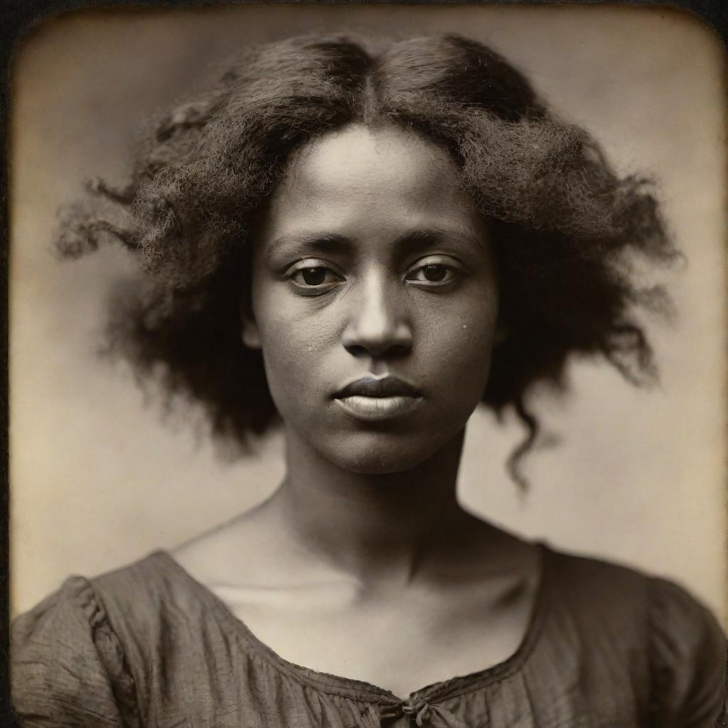 Enhance the previous Victorian-era photograph by Julia Margaret Cameron. Display a candid, ultra high-resolution image (36k) showing vividly detailed features of the black woman, her dress, and the blurred background.