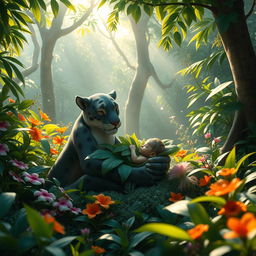 A whimsical, magical scene depicting the birth of a young mythical creature resembling Mowgli from The Jungle Book, in a lush jungle setting