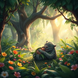 A whimsical, magical scene depicting the birth of a young mythical creature resembling Mowgli from The Jungle Book, in a lush jungle setting