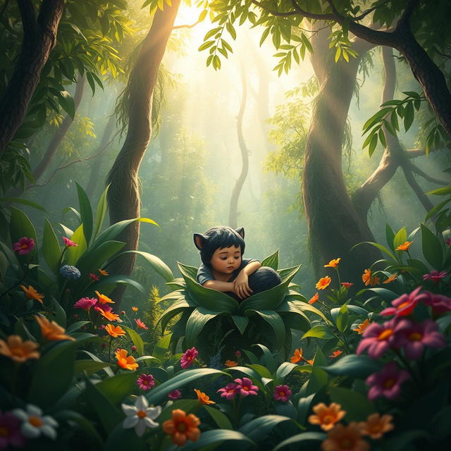 A whimsical, magical scene depicting the birth of a young mythical creature resembling Mowgli from The Jungle Book, in a lush jungle setting