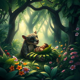 A whimsical, magical scene depicting the birth of a young mythical creature resembling Mowgli from The Jungle Book, in a lush jungle setting