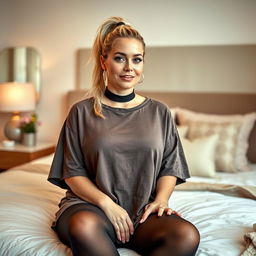 An iPhone photo of a stylish 40-year-old curvy woman with blonde hair tied in a ponytail
