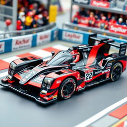 A detailed and imaginative toy car designed to win the 24 Hours of Le Mans race, featuring sleek aerodynamic lines, vibrant racing decals, and a bold color scheme of red and black