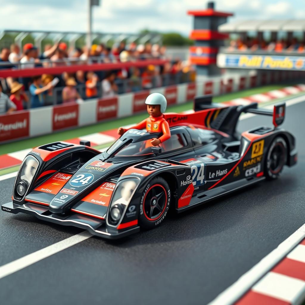 A detailed and imaginative toy car designed to win the 24 Hours of Le Mans race, featuring sleek aerodynamic lines, vibrant racing decals, and a bold color scheme of red and black