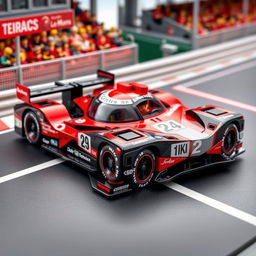 A detailed and imaginative toy car designed to win the 24 Hours of Le Mans race, featuring sleek aerodynamic lines, vibrant racing decals, and a bold color scheme of red and black