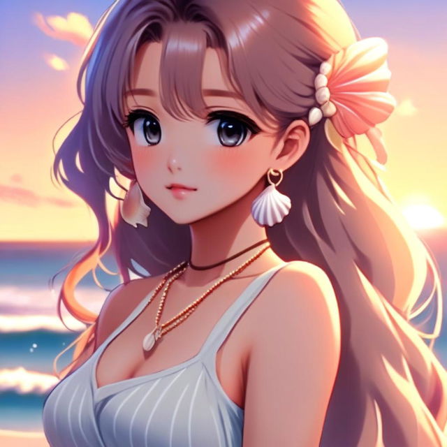 Anime-style profile picture of a beautiful girl with sunset-hued hair at a serene beach, wearing a pastel sundress and a seashell necklace.