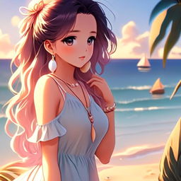 Anime-style profile picture of a beautiful girl with sunset-hued hair at a serene beach, wearing a pastel sundress and a seashell necklace.