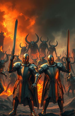 Two brave knights in shining armor stand defiantly in front of a blazing city set ablaze, the flames illuminating their determined faces