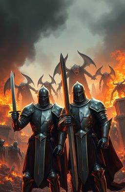 Two brave knights in shining armor stand defiantly in front of a blazing city set ablaze, the flames illuminating their determined faces
