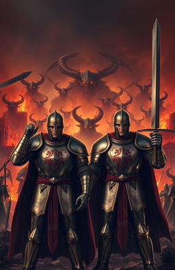 Two brave knights in shining armor stand defiantly in front of a blazing city set ablaze, the flames illuminating their determined faces
