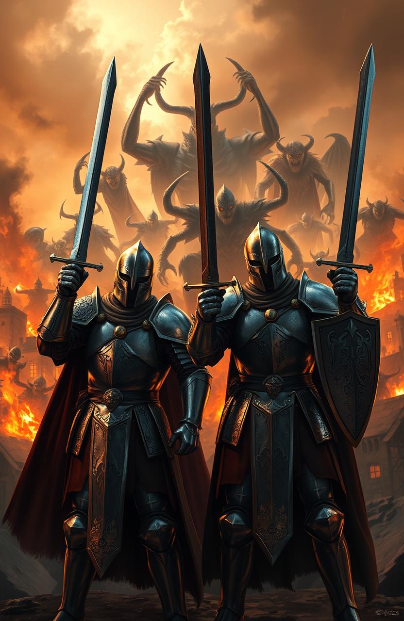 Two brave knights in shining armor stand defiantly in front of a blazing city set ablaze, the flames illuminating their determined faces