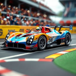 A detailed concept of a toy car designed to win the 24 Hours of Le Mans, showcasing a sleek aerodynamic body, stunning racing livery in bright and bold colors, large rear wing for downforce, and intricate features like a miniature driver figure inside