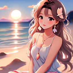 Anime-style profile picture of a beautiful girl with sunset-hued hair at a serene beach, wearing a pastel sundress and a seashell necklace.