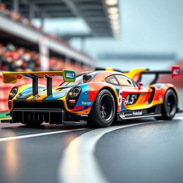 A detailed concept of a toy car designed to win the 24 Hours of Le Mans, showcasing a sleek aerodynamic body, stunning racing livery in bright and bold colors, large rear wing for downforce, and intricate features like a miniature driver figure inside