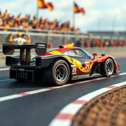 A detailed concept of a toy car designed to win the 24 Hours of Le Mans, showcasing a sleek aerodynamic body, stunning racing livery in bright and bold colors, large rear wing for downforce, and intricate features like a miniature driver figure inside