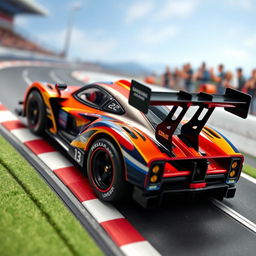 A detailed concept of a toy car designed to win the 24 Hours of Le Mans, showcasing a sleek aerodynamic body, stunning racing livery in bright and bold colors, large rear wing for downforce, and intricate features like a miniature driver figure inside