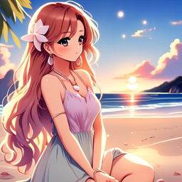 Anime-style profile picture of a beautiful girl with sunset-hued hair at a serene beach, wearing a pastel sundress and a seashell necklace.