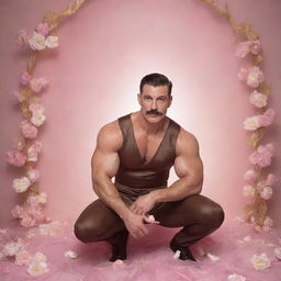 A photorealistic image of a lively 40-year-old muscular man with a modern pompadour and mustache, crouched down in a brown Sailor Moon silk outfit. He is set against an infinite background adorned with white flowers and arabesques, within a pink mist illuminated by golden sunlight and flashes of light.