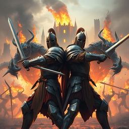 Two valiant knights in ornate armor engage in fierce combat in front of a burning city, their swords clashing with the weapons of a relentless demon army that advances behind them