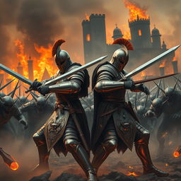 Two valiant knights in ornate armor engage in fierce combat in front of a burning city, their swords clashing with the weapons of a relentless demon army that advances behind them