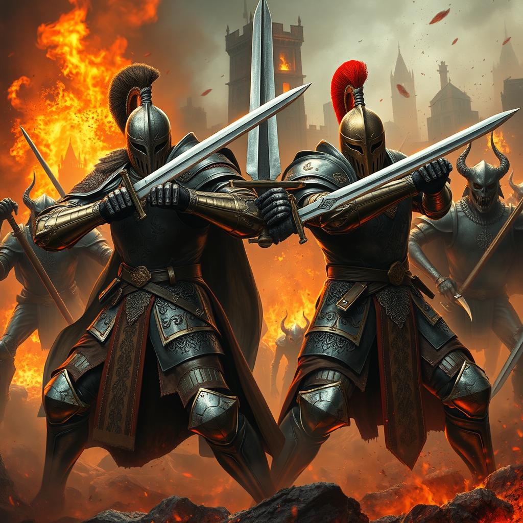 Two valiant knights in ornate armor engage in fierce combat in front of a burning city, their swords clashing with the weapons of a relentless demon army that advances behind them