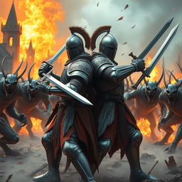 Two valiant knights in ornate armor engage in fierce combat in front of a burning city, their swords clashing with the weapons of a relentless demon army that advances behind them