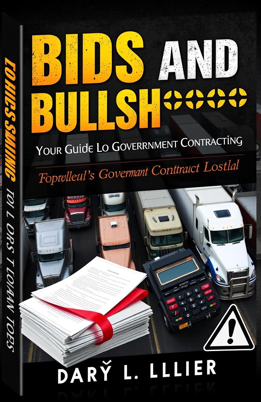 A hard-hitting and informative book cover design for 'Bids and Bullsh**t: Your Guide to Government Loads', aimed at small trucking companies looking to understand government contracting