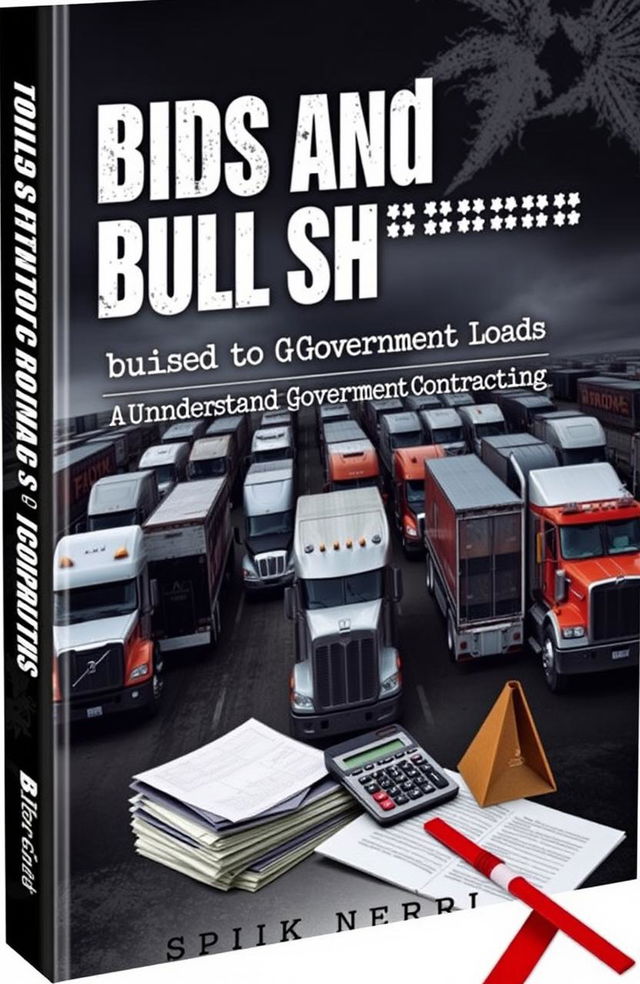 A hard-hitting and informative book cover design for 'Bids and Bullsh**t: Your Guide to Government Loads', aimed at small trucking companies looking to understand government contracting