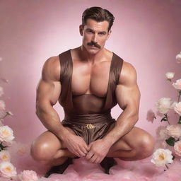 A photorealistic image of a lively 40-year-old muscular man with a modern pompadour and mustache, crouched down in a brown Sailor Moon silk outfit. He is set against an infinite background adorned with white flowers and arabesques, within a pink mist illuminated by golden sunlight and flashes of light.