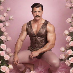 A photorealistic image of a lively 40-year-old muscular man with a modern pompadour and mustache, crouched down in a brown Sailor Moon silk outfit. He is set against an infinite background adorned with white flowers and arabesques, within a pink mist illuminated by golden sunlight and flashes of light.