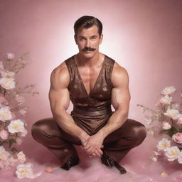 A photorealistic image of a lively 40-year-old muscular man with a modern pompadour and mustache, crouched down in a brown Sailor Moon silk outfit. He is set against an infinite background adorned with white flowers and arabesques, within a pink mist illuminated by golden sunlight and flashes of light.