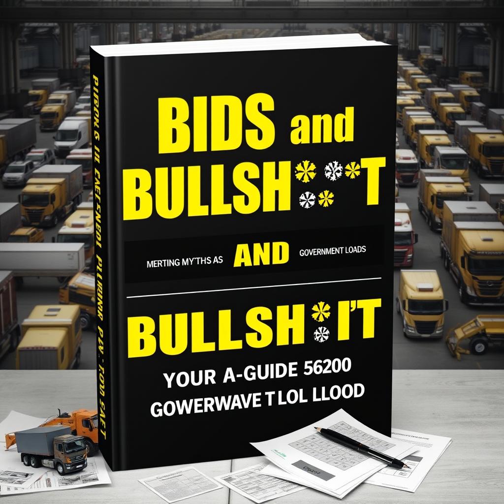 A striking book cover design for 'Bids and Bullsh**t: Your Guide to Government Loads', focused on debunking myths about government contracting for small trucking companies