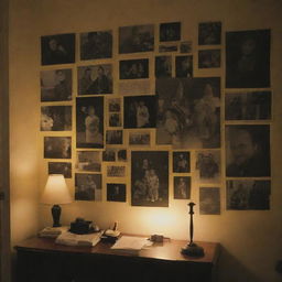 A dimly lit room in a house, with pictures pinned to the wall and marked with highlighter.