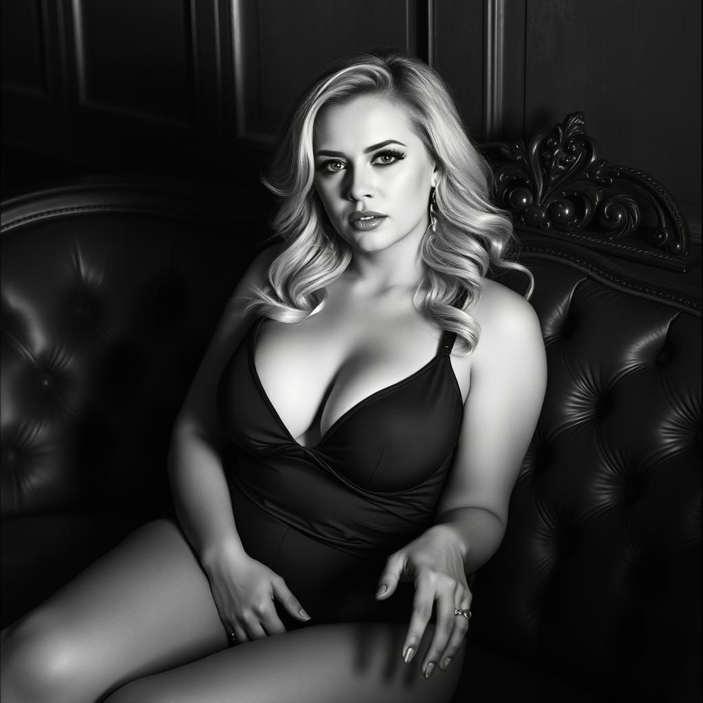 A cozy, intimate black and white analogue photo of a curvy blonde dominatrix with normal breasts, suggestively seated on a lush, sumptuous sofa