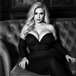A cozy, intimate black and white analogue photo of a curvy blonde dominatrix with normal breasts, suggestively seated on a lush, sumptuous sofa