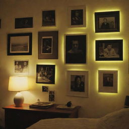 A dimly lit room in a house, with pictures pinned to the wall and marked with highlighter.