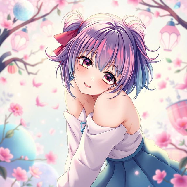 A beautiful anime girl with colorful hair, striking facial features, and an alluring pose, playfully bending over in a dynamic and artistic way, set against a vibrant, imaginative background filled with soft pastel colors and whimsical elements