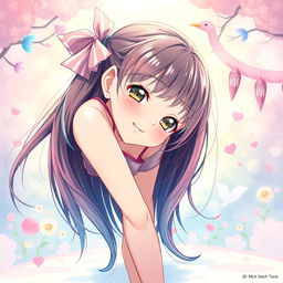 A beautiful anime girl with colorful hair, striking facial features, and an alluring pose, playfully bending over in a dynamic and artistic way, set against a vibrant, imaginative background filled with soft pastel colors and whimsical elements