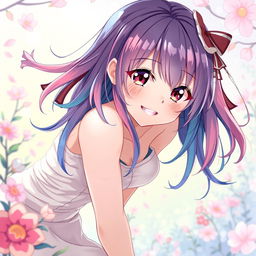 A beautiful anime girl with colorful hair, striking facial features, and an alluring pose, playfully bending over in a dynamic and artistic way, set against a vibrant, imaginative background filled with soft pastel colors and whimsical elements