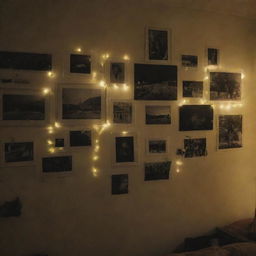 A dimly lit room in a house, with pictures pinned to the wall and marked with highlighter.