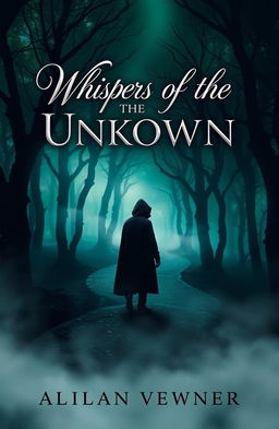 A captivating and mysterious book cover design featuring a dark forest with ethereal mist swirling amongst ancient trees